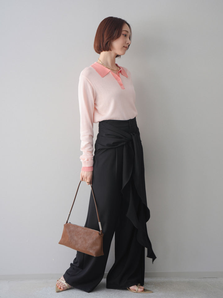 [SET]配色デザインシアーポロニット+ラッフルベルトワイドパンツ(2set)