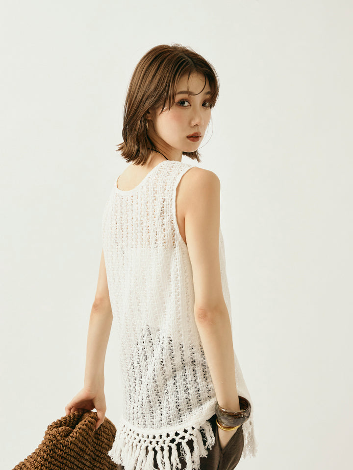 [予約]フリンジ透かし編みニットベスト/ホワイト