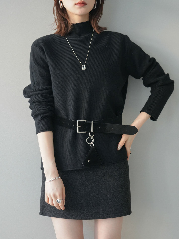 [予約]ボトルネック裾カールリブニットトップス/black