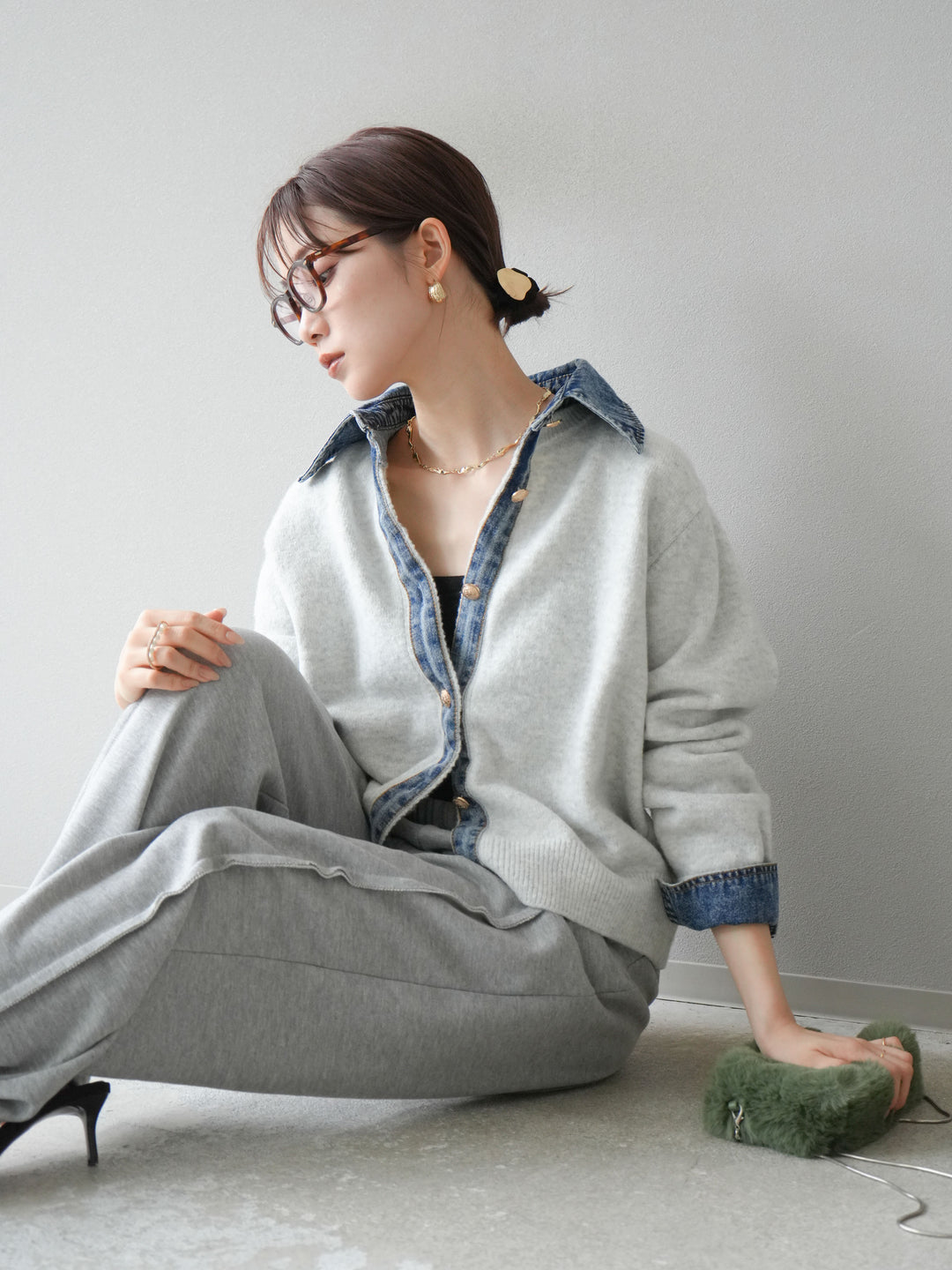 [SET]デニム襟ボタンニットカーディガン+2WAYデザインスウェットパンツ(2set)