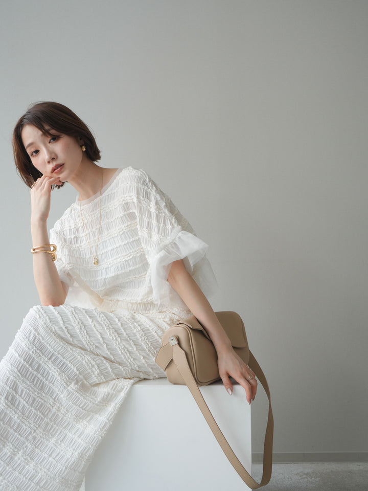 [SET]チュール袖リップルトップス+リップルIラインスカート(2set)