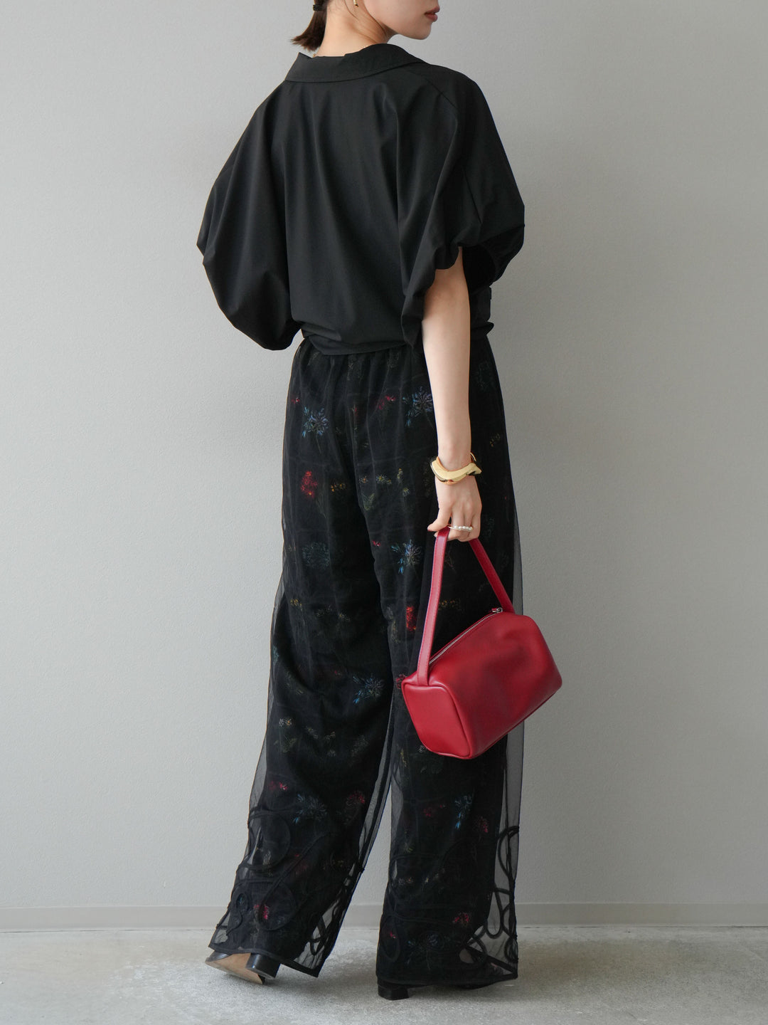 [予約]パッチワークフラワープリントイージーパンツ/ブラック