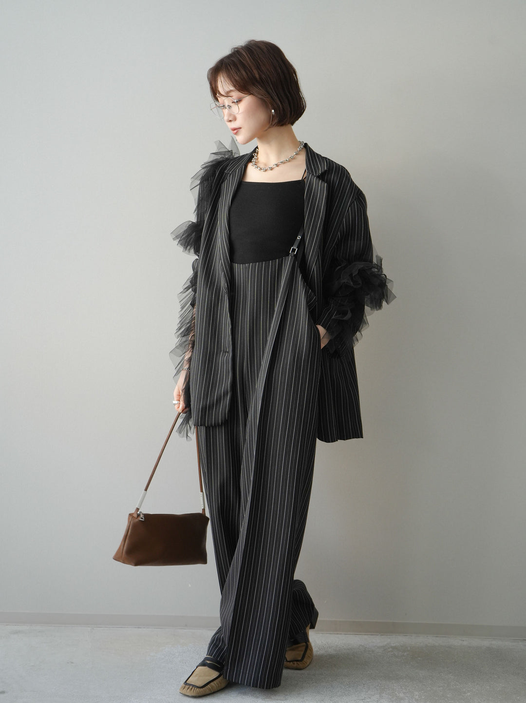 [SET]アシンメトリーチュールストライプジャケット+ヘリンボーンストライプサロペット(2set)