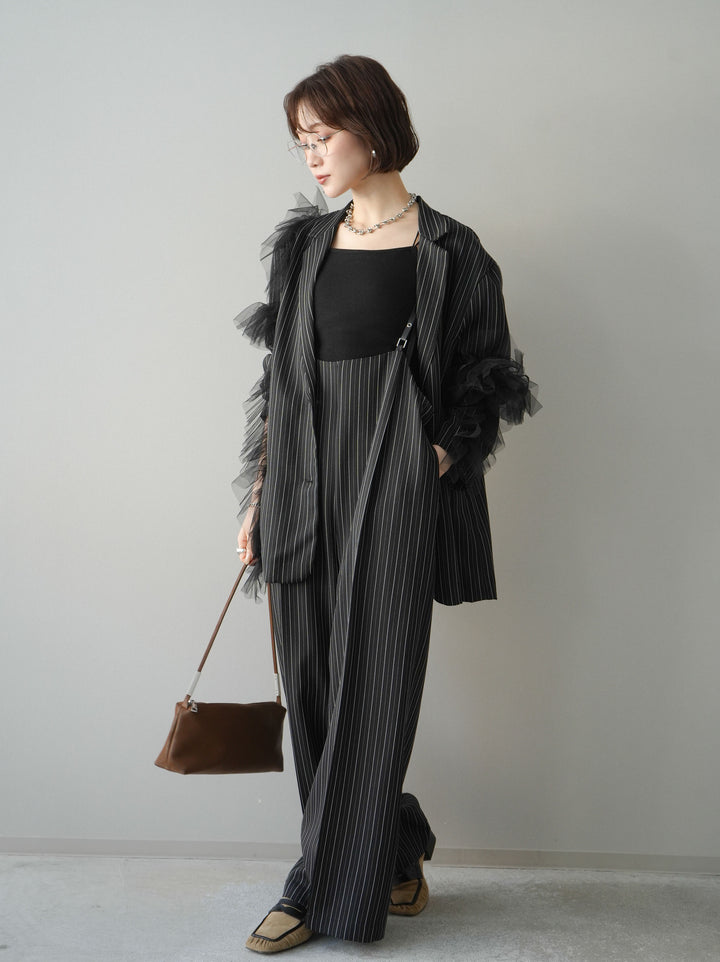 [SET]アシンメトリーチュールストライプジャケット+ヘリンボーンストライプサロペット(2set)