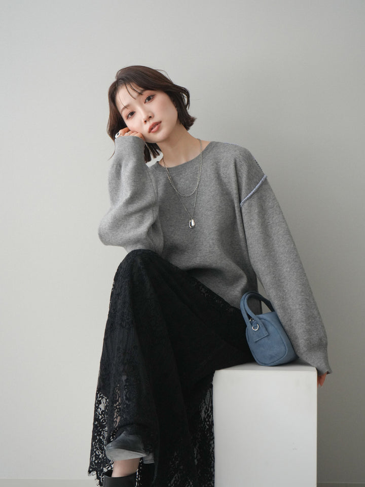 [予約]バックロゴ刺繍配色ステッチニットプルオーバー/gray