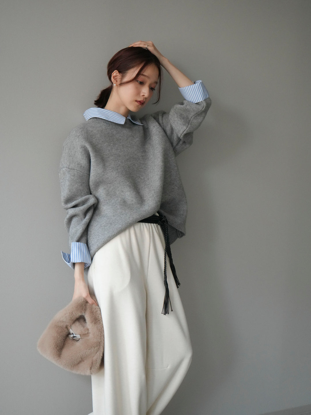 [SET]2WAYストライプ襟ニットプルオーバー+選べるアクセセット(2set)