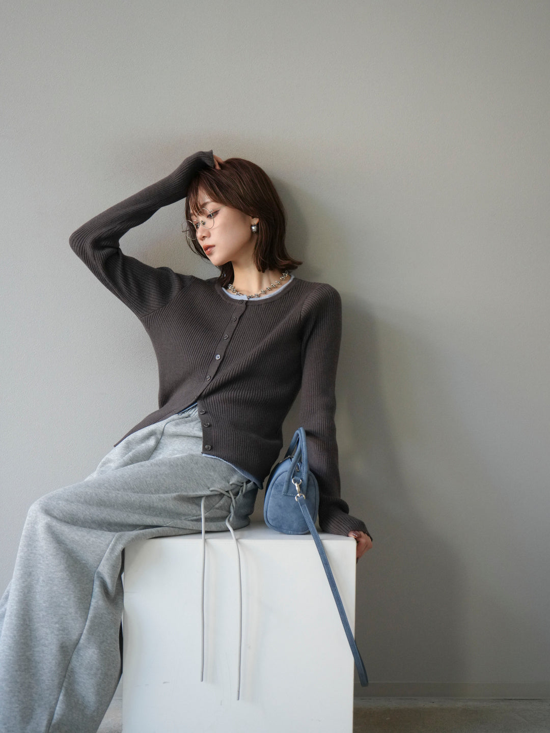 [予約]レイヤード配色ニットカーディガン/グレー