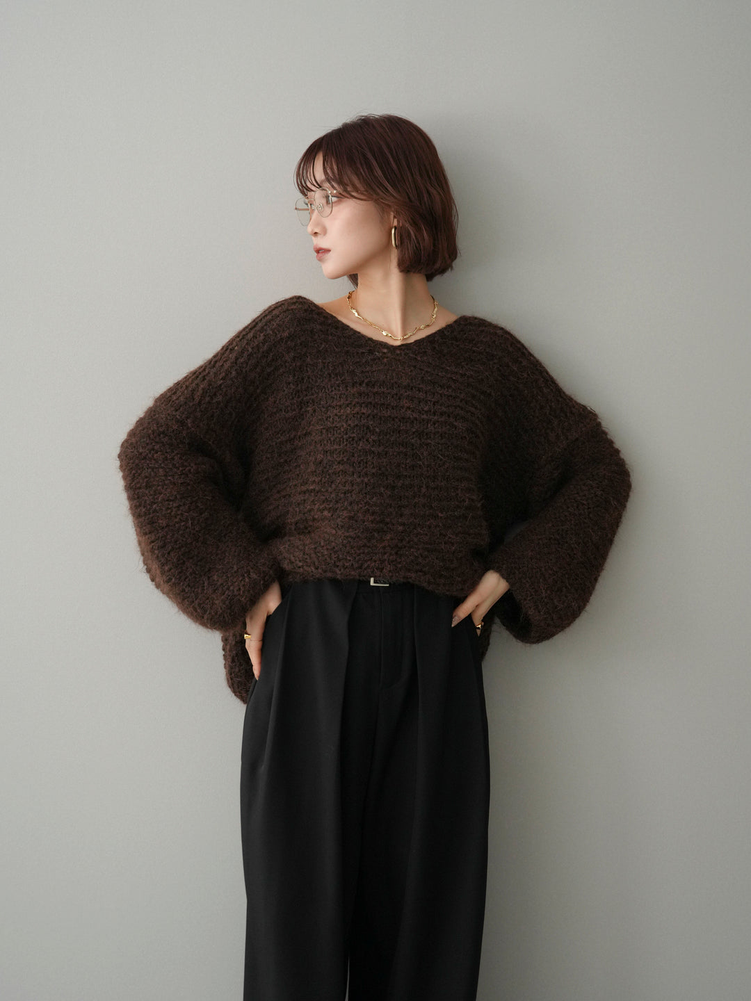 [予約]ワッフル編みシャギーニットプルオーバー/brown