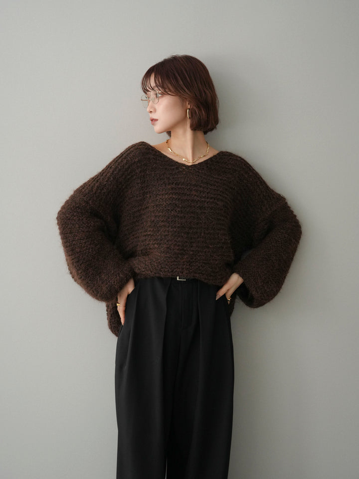 [予約]ワッフル編みシャギーニットプルオーバー/brown