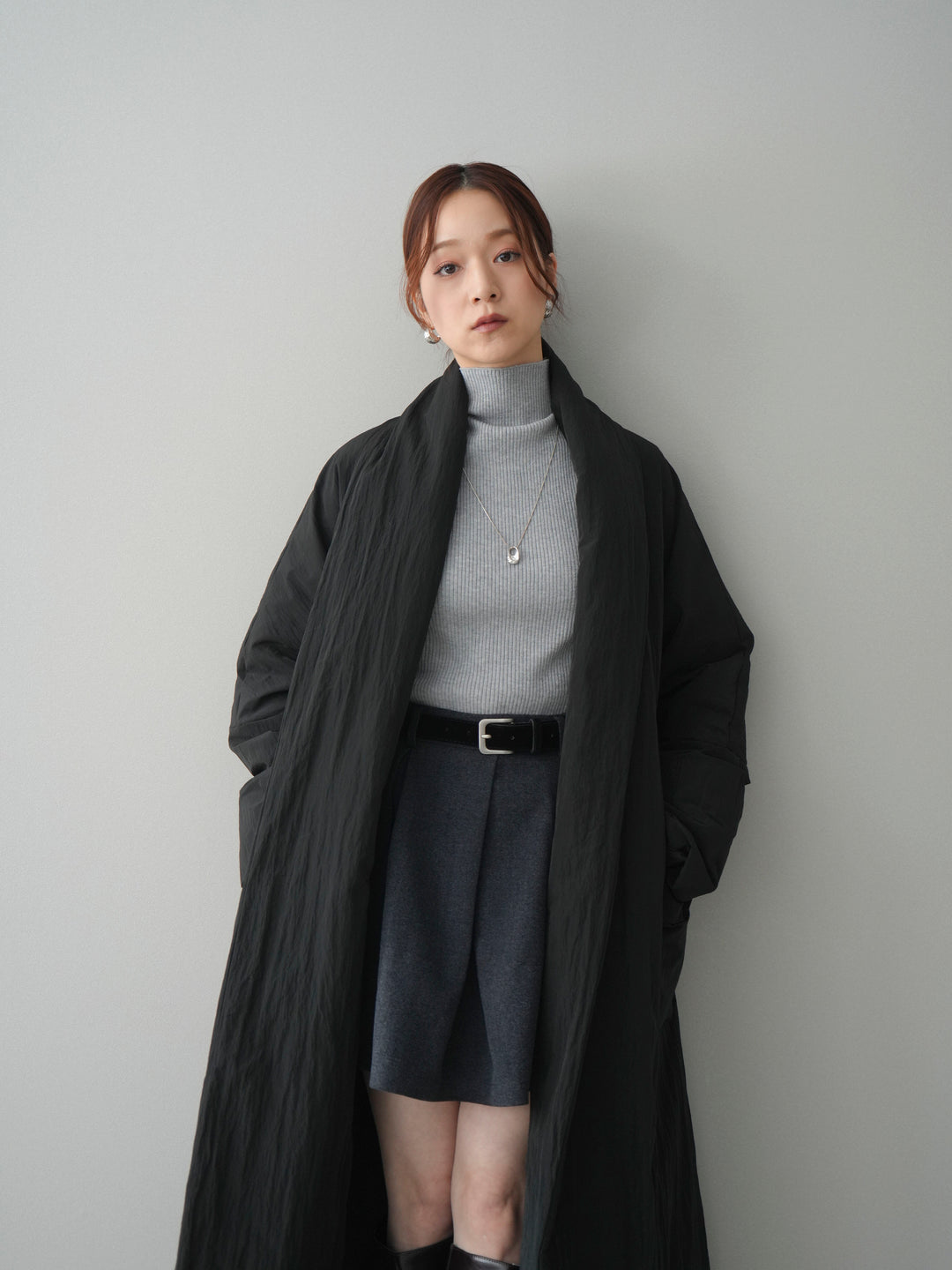[SET]ロングダウンコート+ベルト付きタックミニスカート(2set)