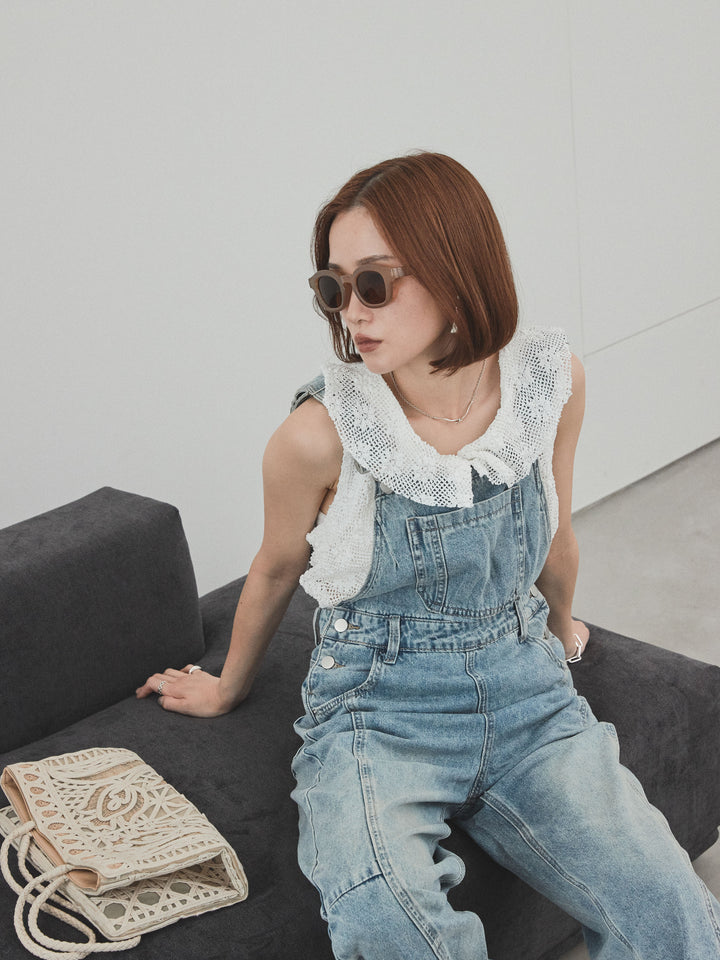 [SET]センターシームデニムサロペット +テープヤーンラッフルノースリトップス(2set)