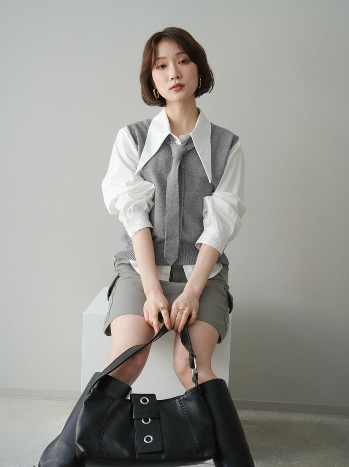 【套裝】蝴蝶結針織背心套裝襯衫+繫帶工裝迷你裙（兩件組）