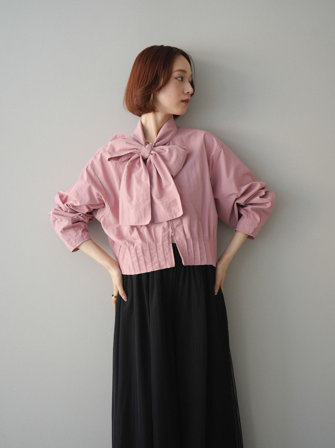 [SET]ボウタイ裾プリーツライトジャケット+ストライプチュールボリュームバギーパンツ(2set)