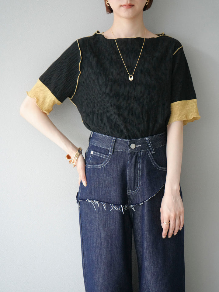 [SET] 百褶同色船領套頭衫 + 臀部設計牛仔褲（2 件組）