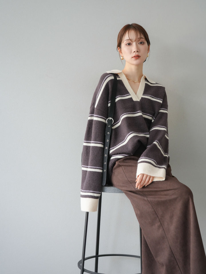 [SET]ポロ襟スキッパーボーダーニットプルオーバー+スウェードIラインスカート(2set)