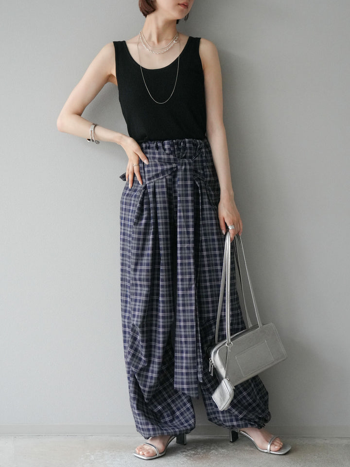 [予約]チェック柄ウエスト巻きドロストパンツ/ネイビー