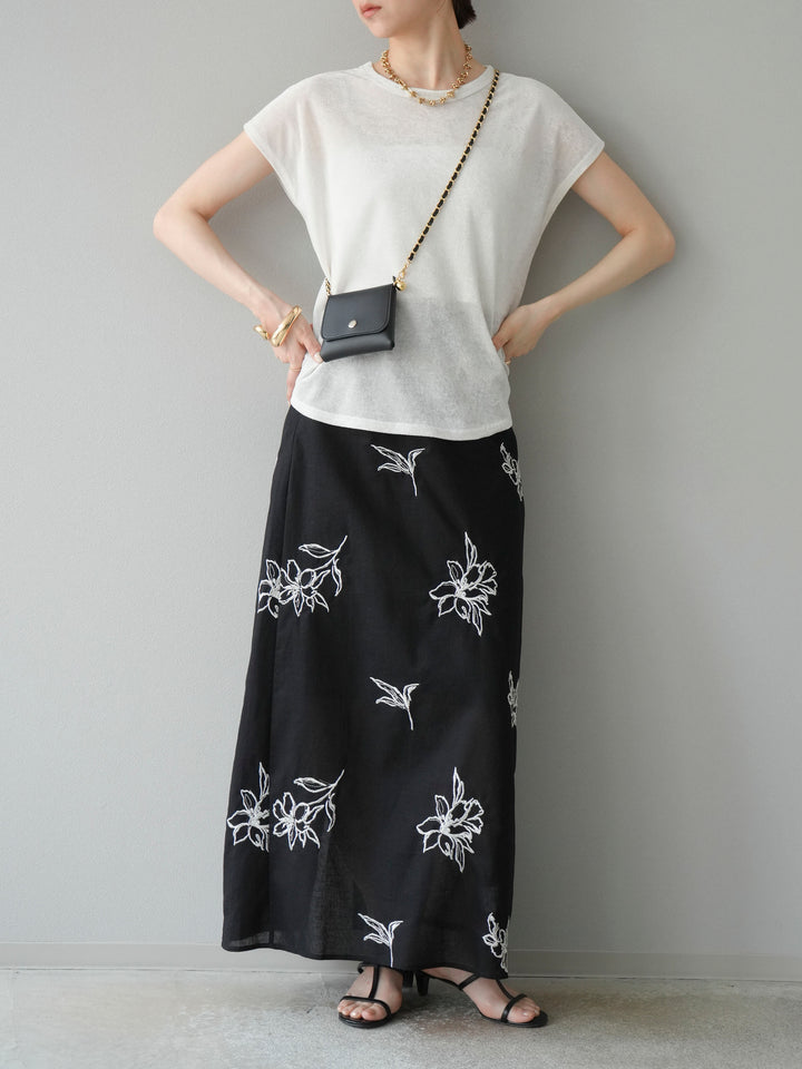 [予約]フラワー刺繍ナロースカート/ブラック