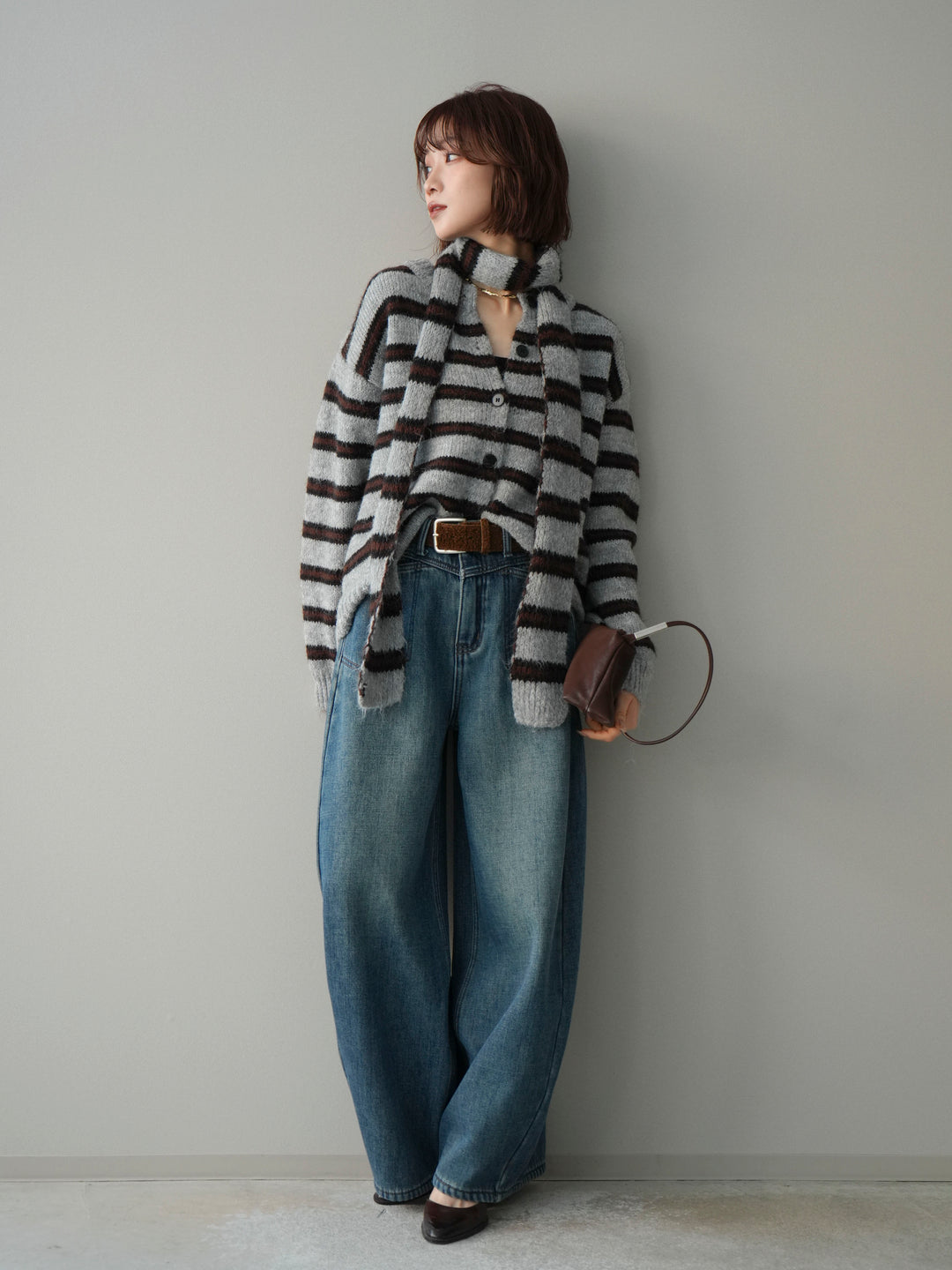 [SET]ボウタイ付きボーダーニットプルオーバー+ベルト付裏起毛カーブデニムパンツ(2set)