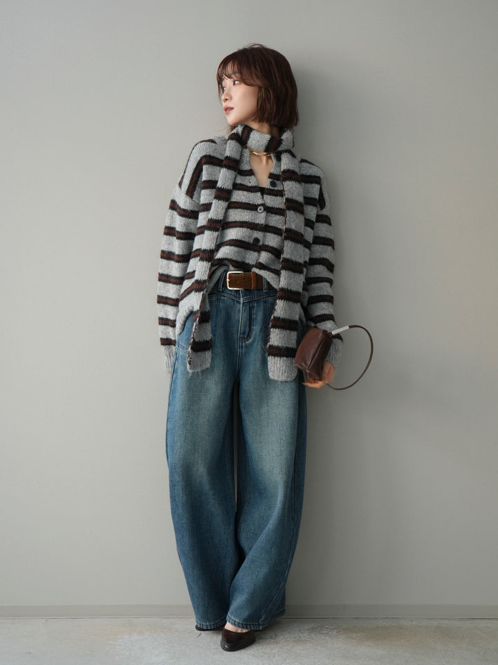 [SET]ボウタイ付きボーダーニットプルオーバー+ベルト付裏起毛カーブデニムパンツ(2set)