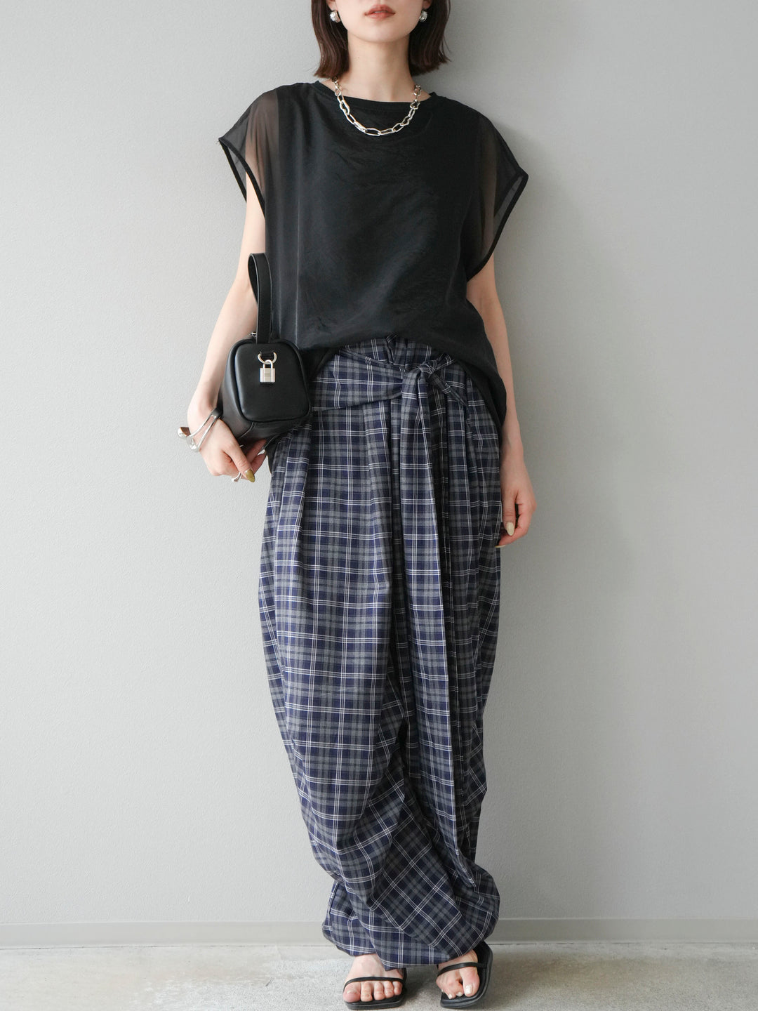 [予約]チェック柄ウエスト巻きドロストパンツ/ネイビー
