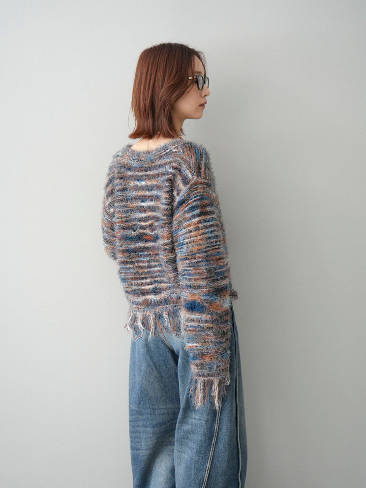 [予約]裾フリンジミックスヤーンシャギープルオーバー/blue