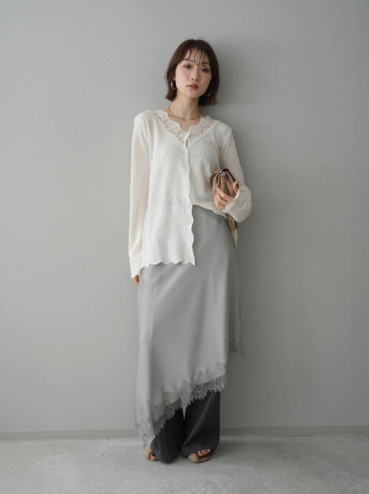[SET]レースネックジャガードニットカーディガン+センターシームフレアパンツ(2set)
