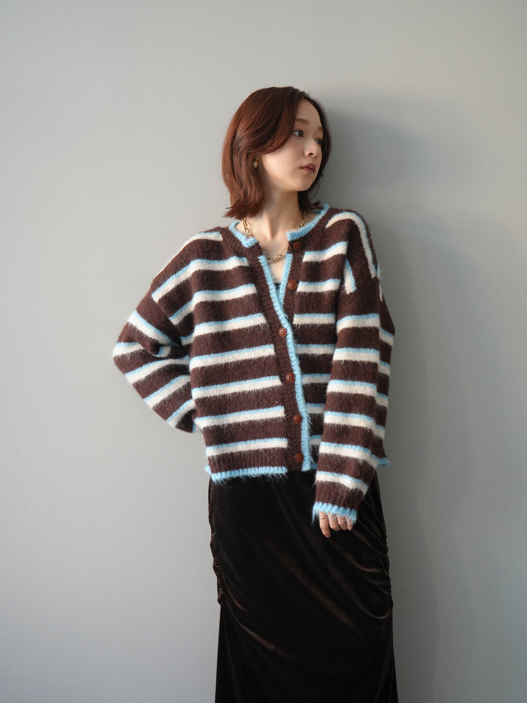 [予約]ウールタッチ配色ボーダーニットカーディガン/brown