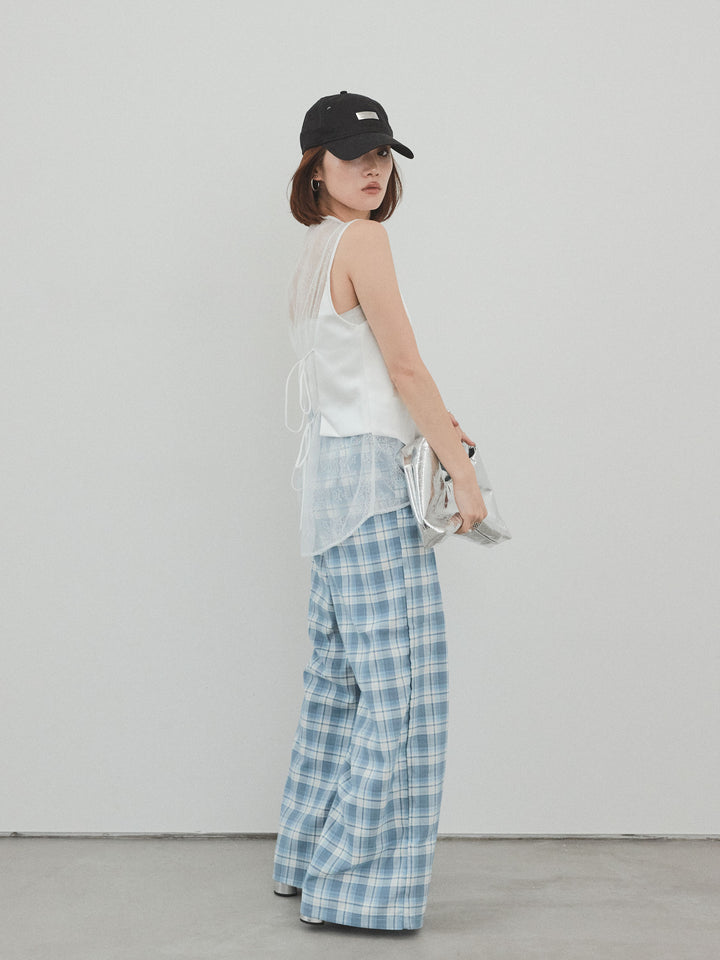 [予約]チェック柄ワイドパンツ/ブルー