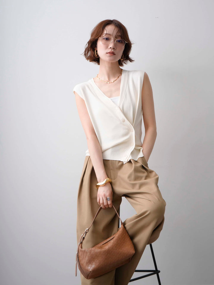 【套裝】領口疊層不對稱針織背心 + 縐綢褶襉闊腿褲（兩件套）
