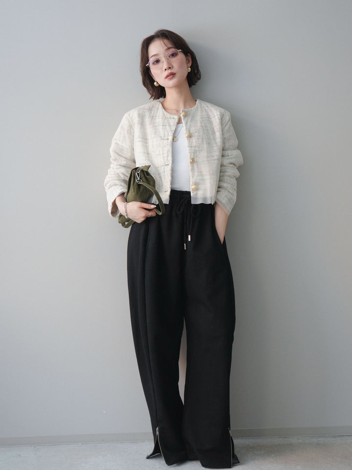 [SET]チュールレイヤードツイードクロップドジャケット+裾ZIPスエットワイドパンツ(2set)