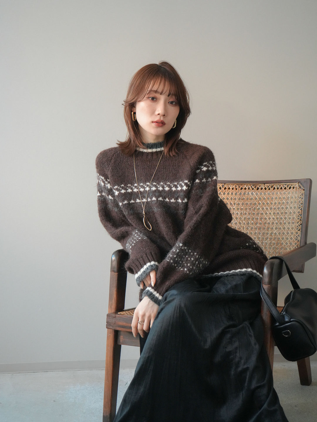 [予約]裾配色ノルディック柄ニットプルオーバー/brown