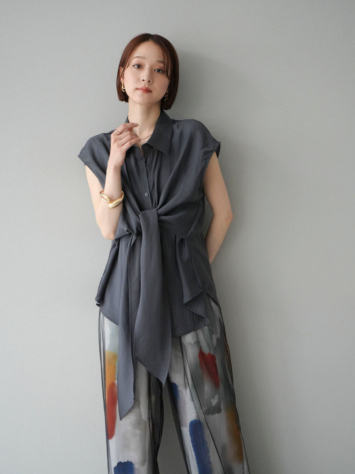 [SET] 前繫帶透視上衣 + 水彩藝術休閒褲 (2 件組)