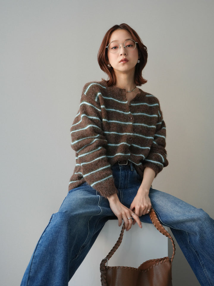 [予約]ボーダーシャギーニットカーディガン/brown