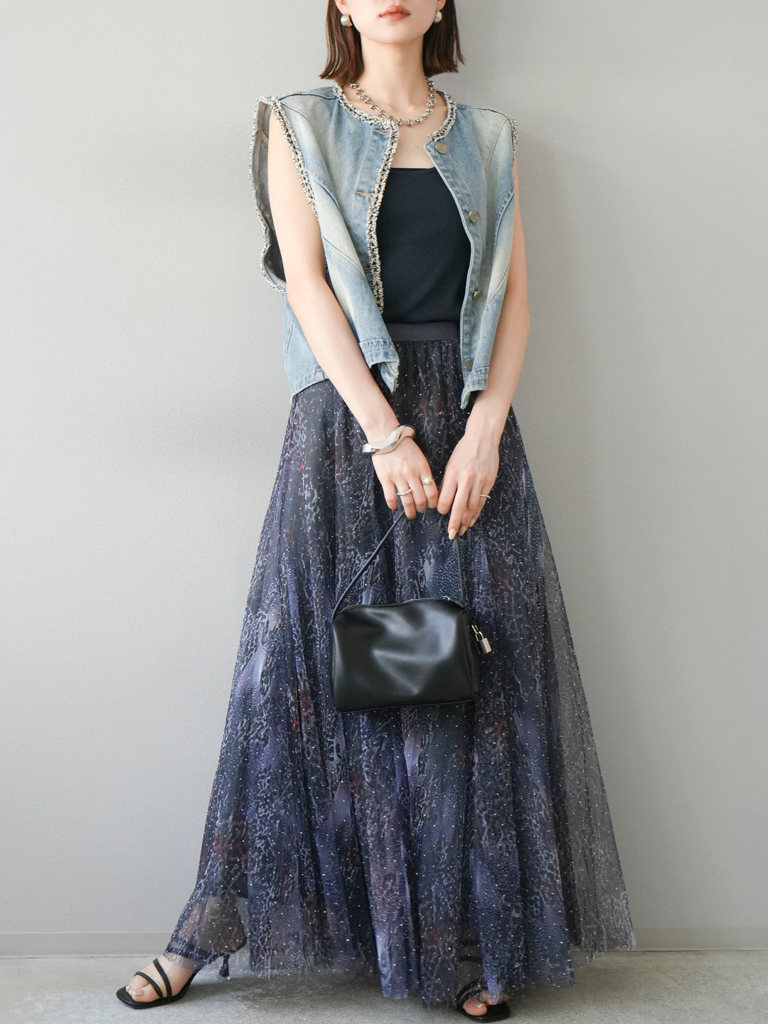 [予約]ニュアンス柄チュールレイヤードプリーツスカート/ネイビー