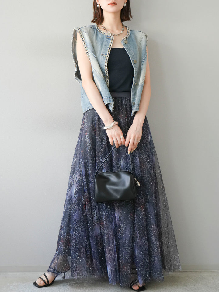 [予約]ニュアンス柄チュールレイヤードプリーツスカート/ネイビー