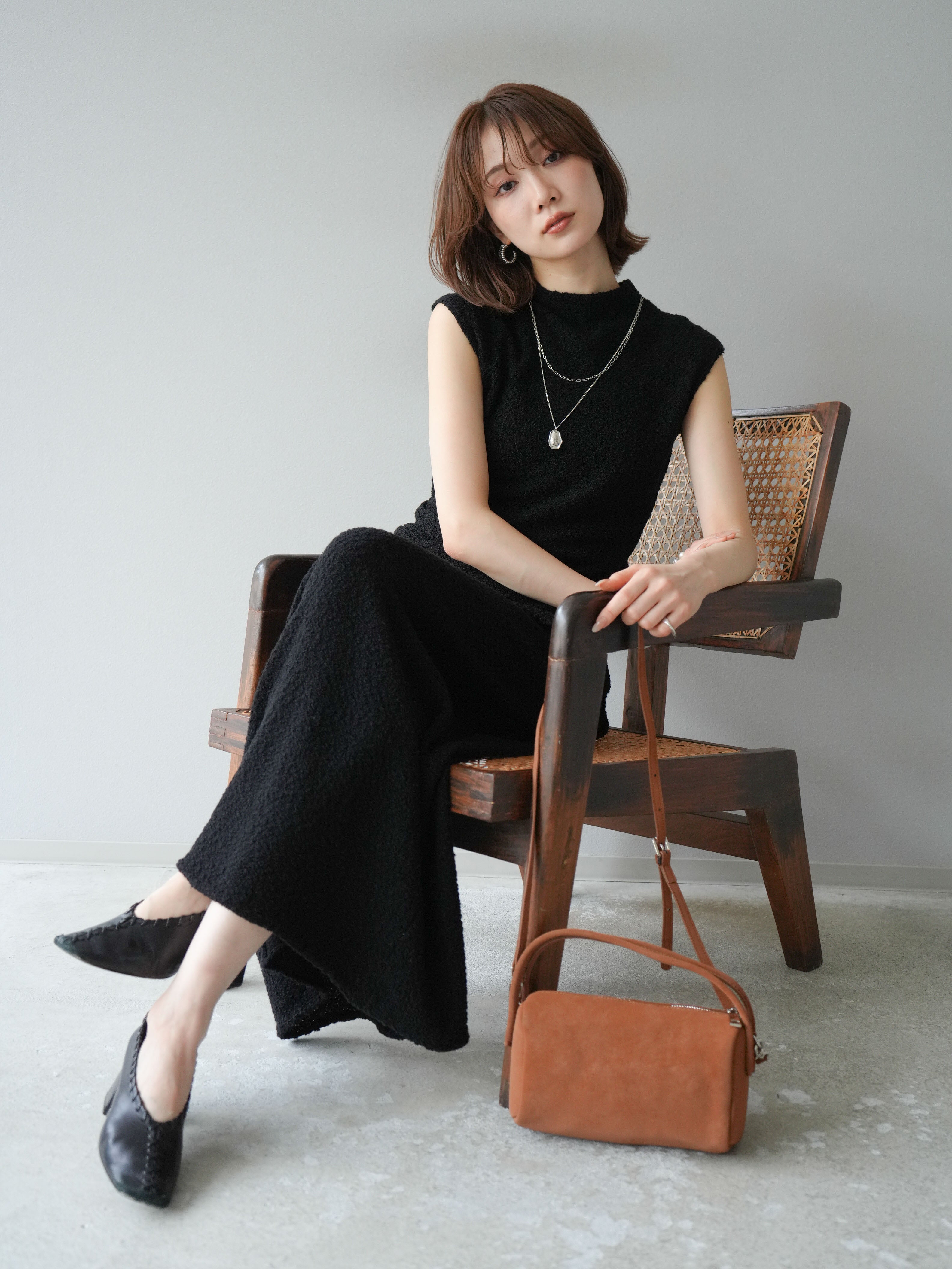 SET]ブークレアシメニットノースリーブトップス+ブークレー