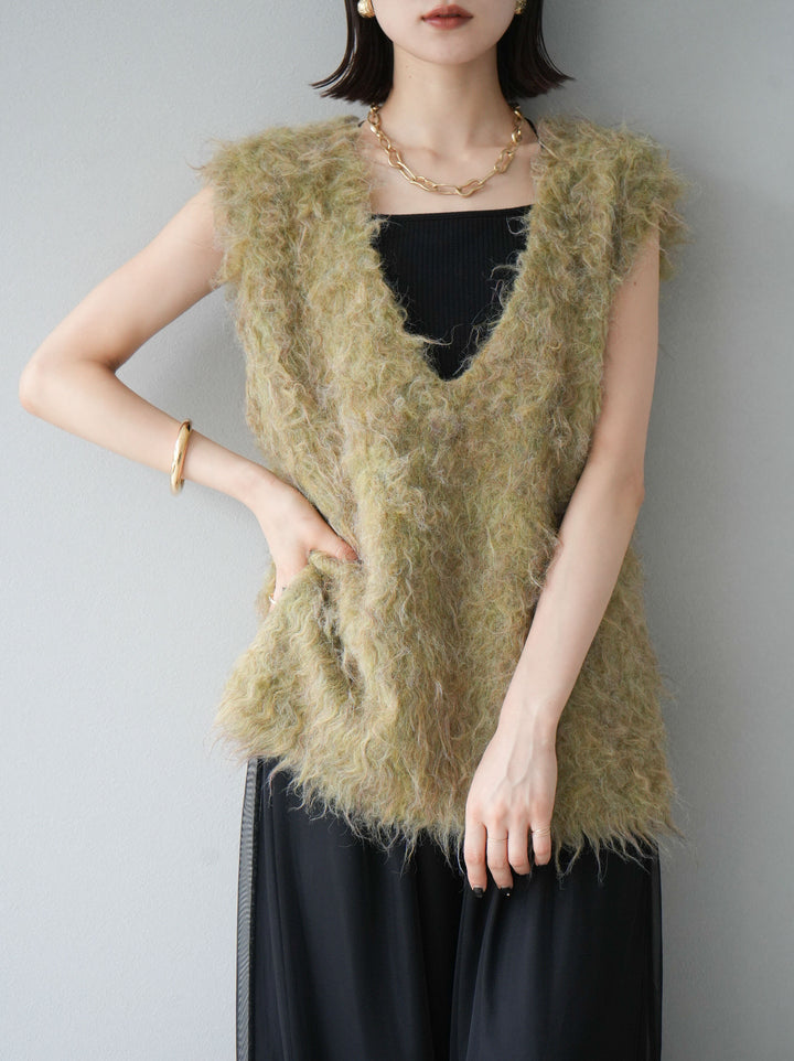 [予約]ウール混ミックスヤーンニットベスト/グリーン