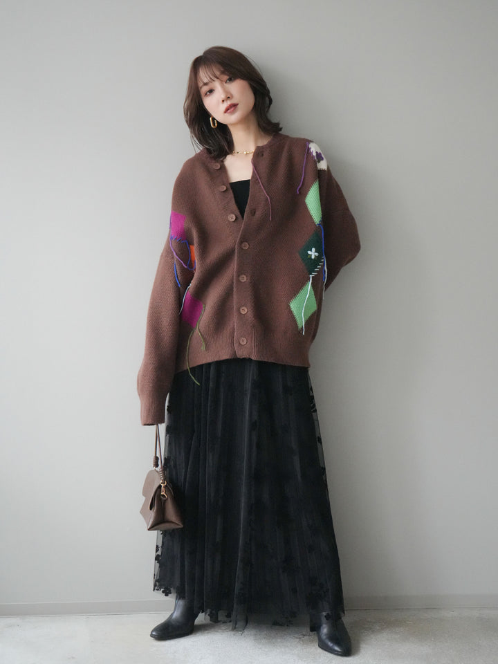 [予約]フラワーフロッキーチュールプリーツスカート/black