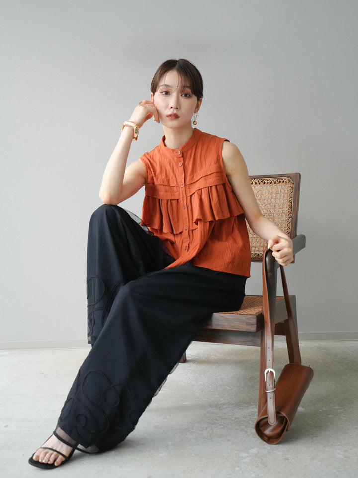 [予約]ドビーストライプアシンメトリーフリルノースリブラウス/テラコッタ