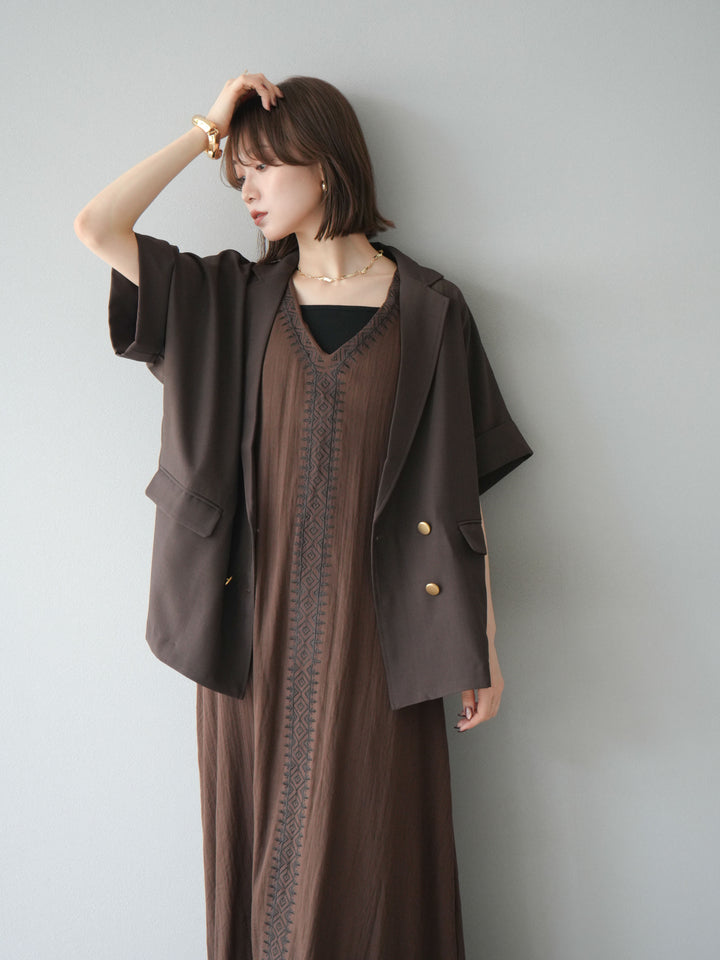 [予約]刺繍Vネックワンピース/ブラウン