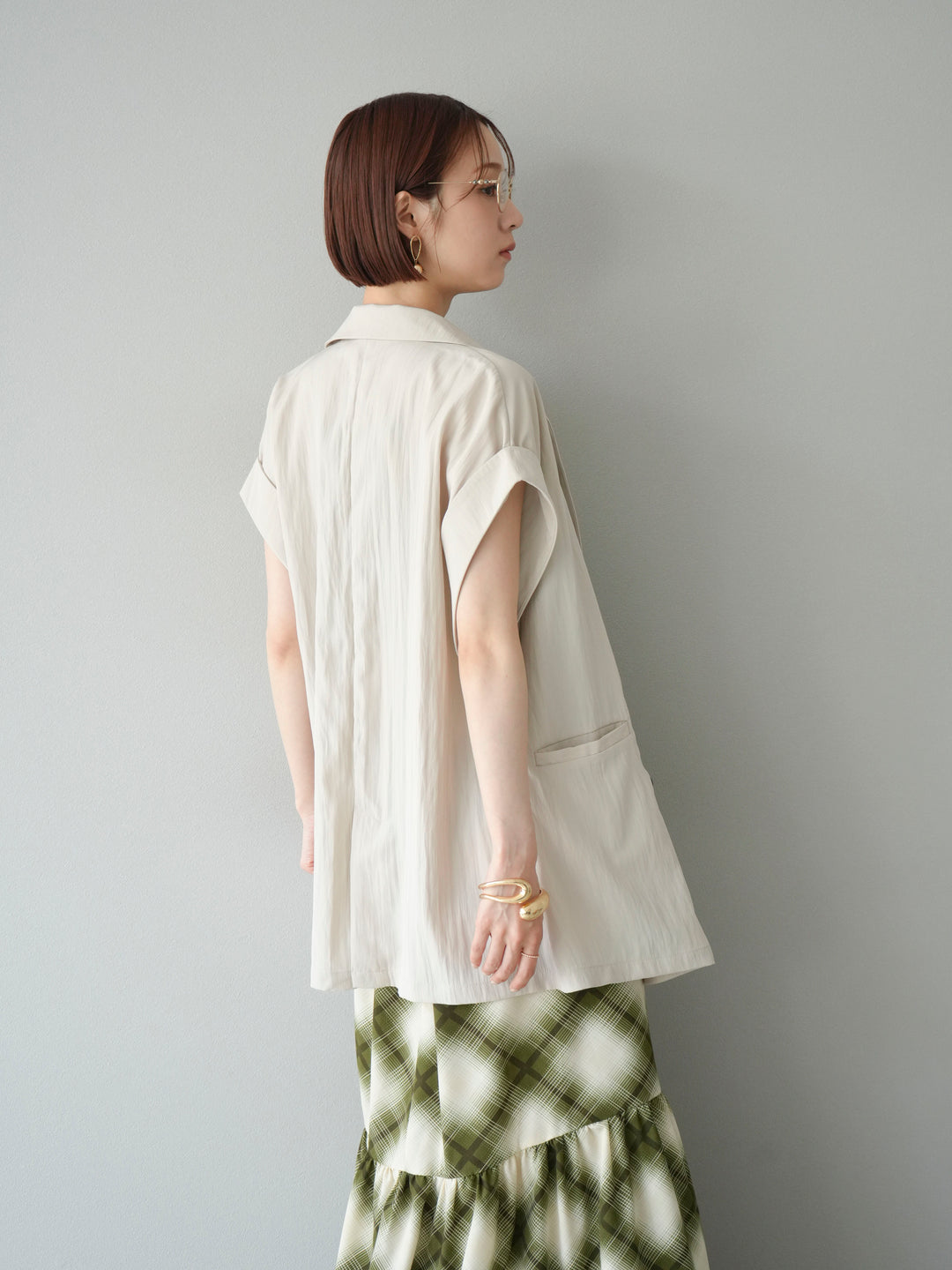 [SET]ベルト付チェックノースリーブワンピース+リネンライクノースリーブダブルジレ(2set)