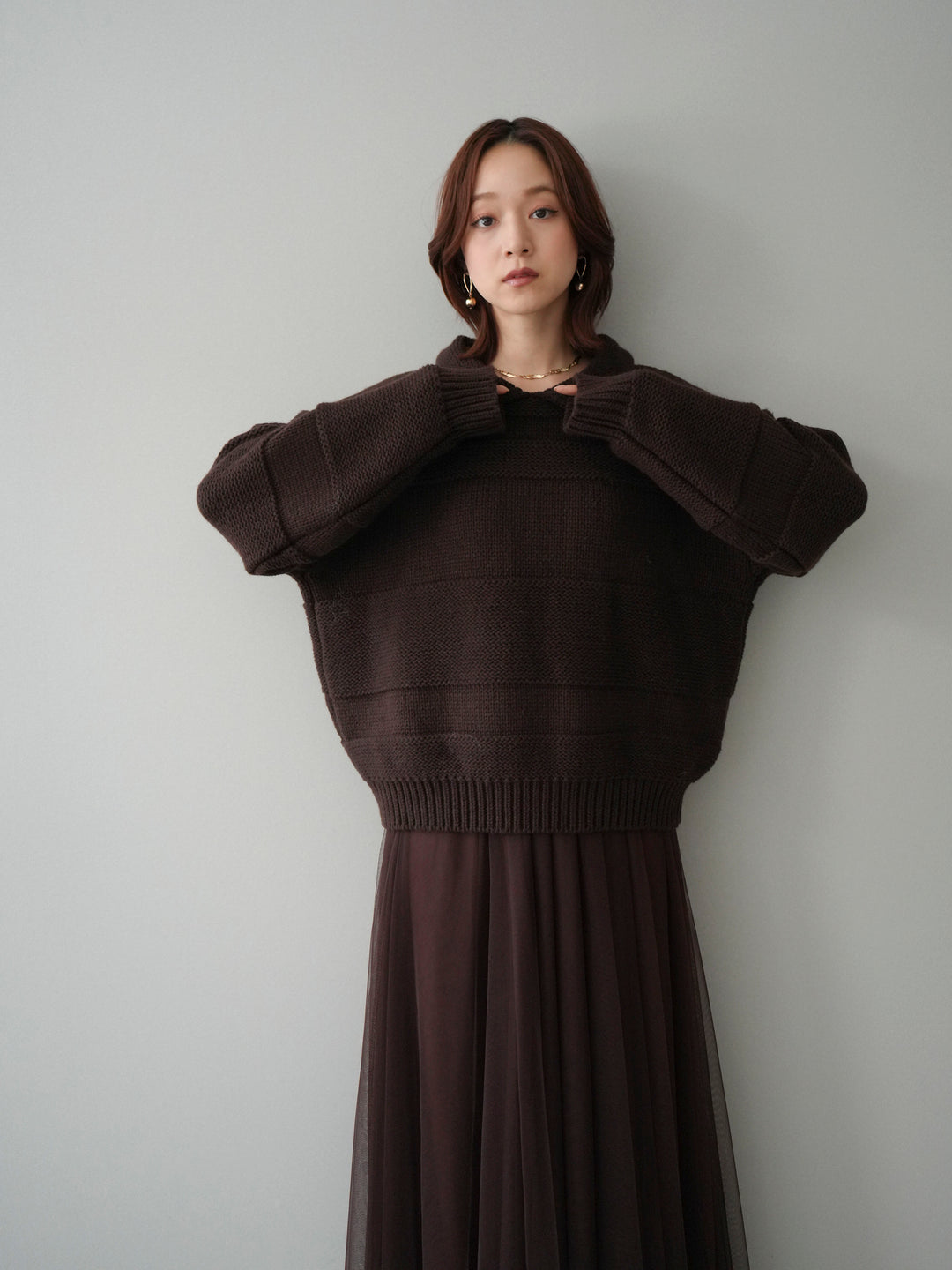 [SET]襟付きボーダー編みニットプルオーバー+チュールボリュームスカート(2set)