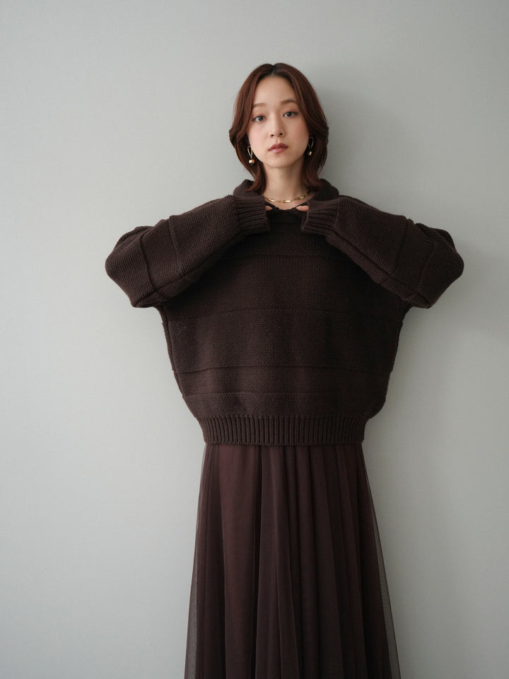 [SET]襟付きボーダー編みニットプルオーバー+チュールボリュームスカート(2set)