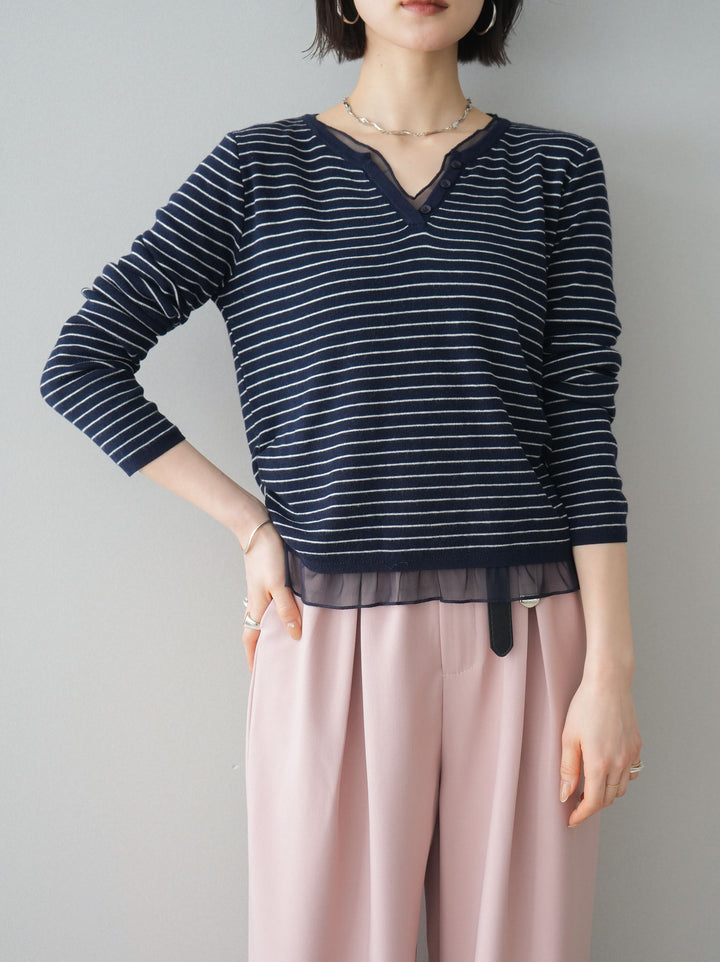 [SET]チュールレイヤードデザインボーダーニットトップス+ベルト付キーホルダーモチーフワイドパンツ(2set)