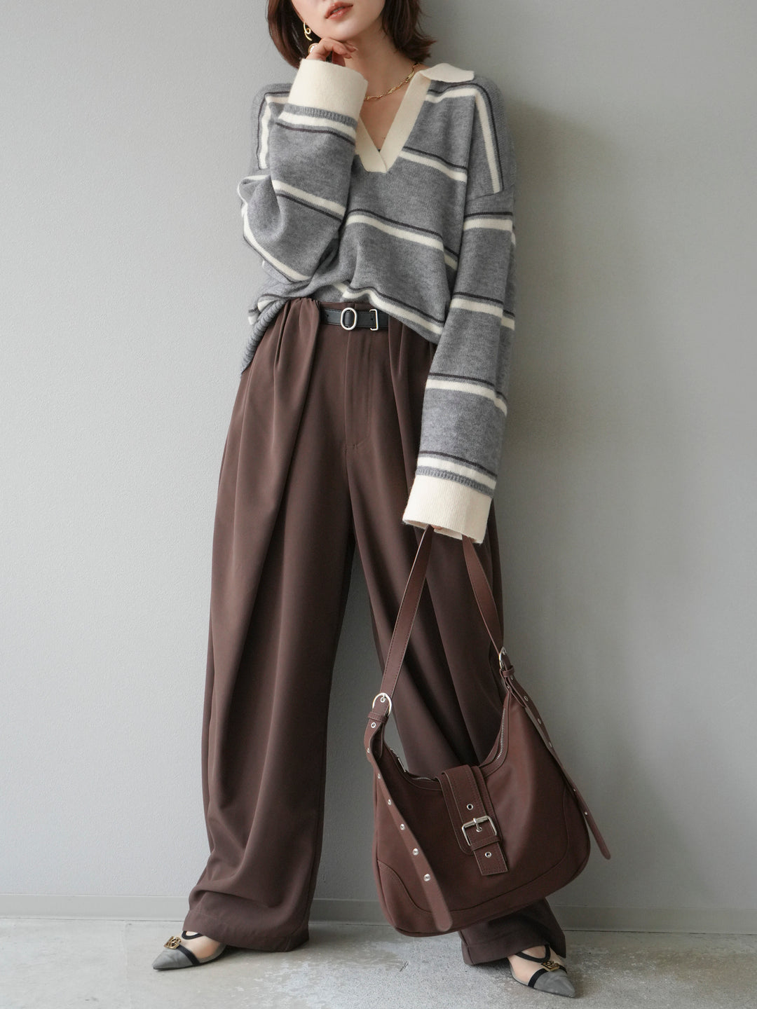 [予約]ポロ襟スキッパーボーダーニットプルオーバー/グレー