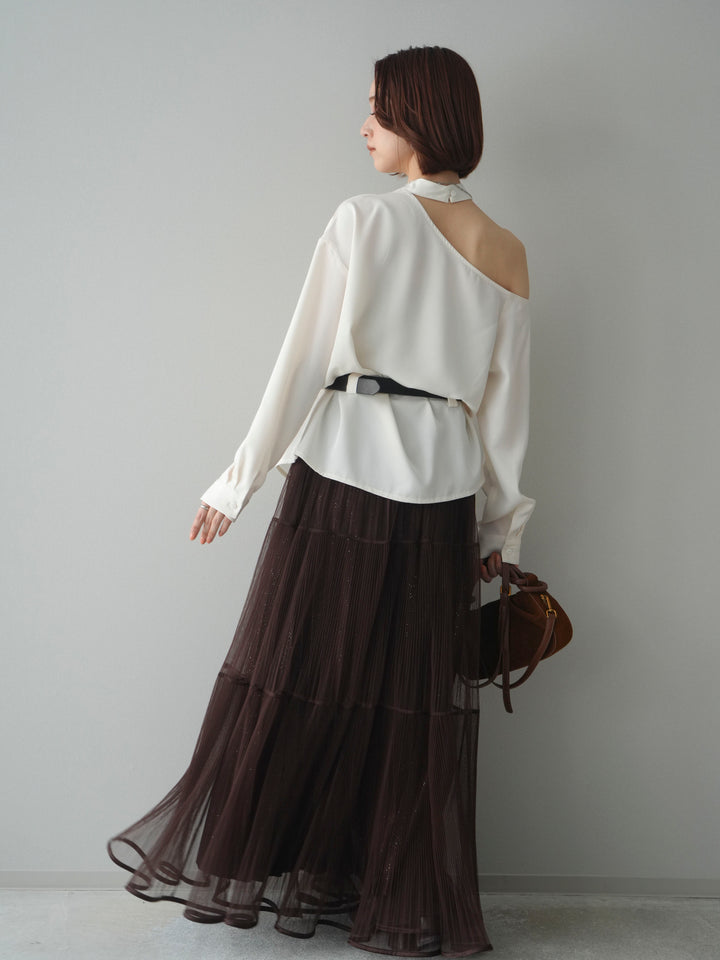 [SET]ベルト付ワンショルダースリットブラウス+ラメプリーツレイヤードチュールロングスカート(2set)