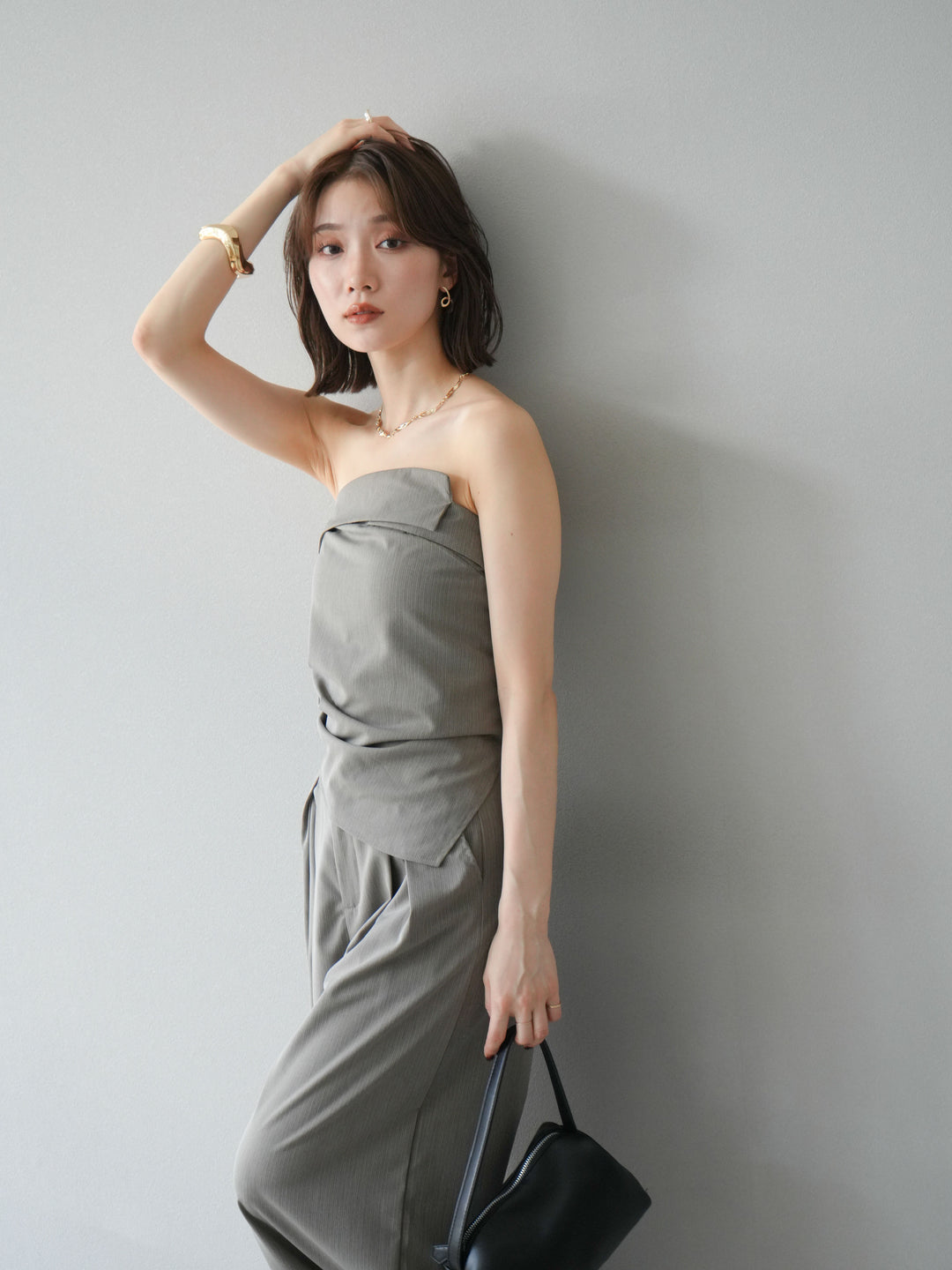 [SET] 條紋褶襉露肩上衣＆寬褲 SET UP (2set)