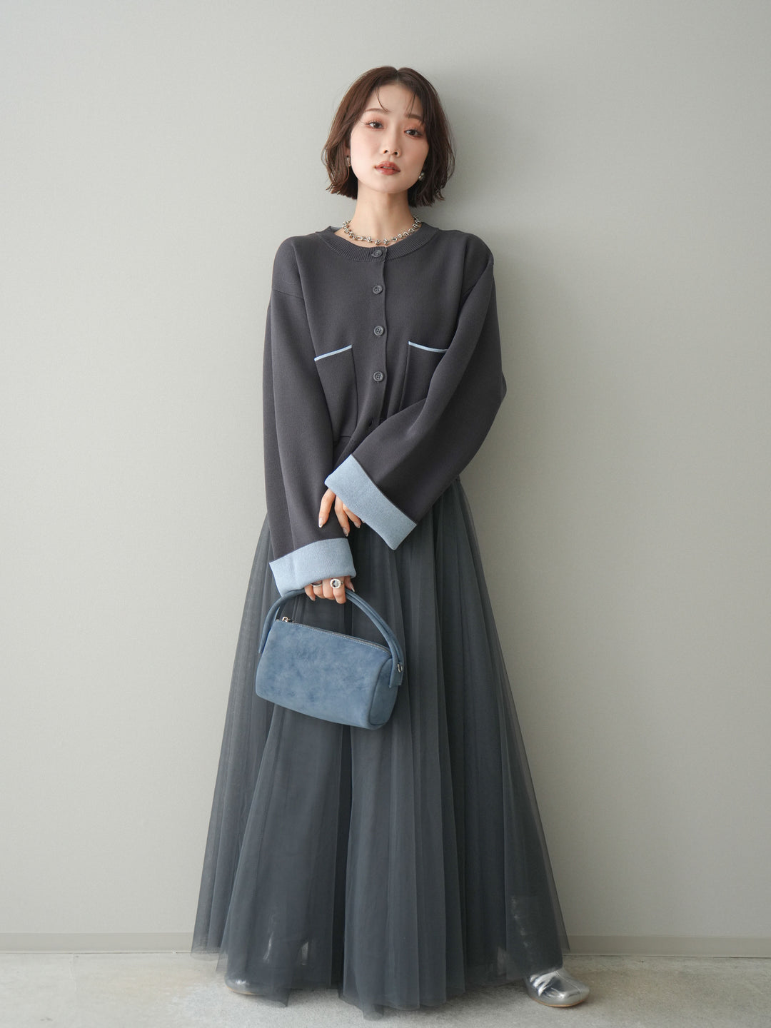 [SET]レーヨンポリダブルフェイスニットカーディガン+チュールボリュームスカート(2set)