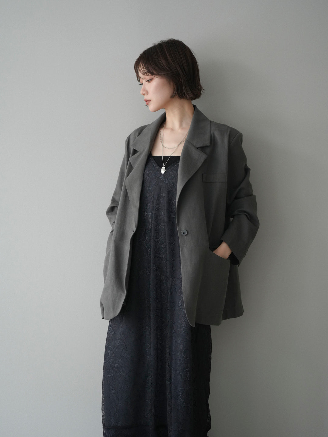 [SET]サテンレースレイヤードキャミワンピース+リネンタッチオーバージャケット(2set)