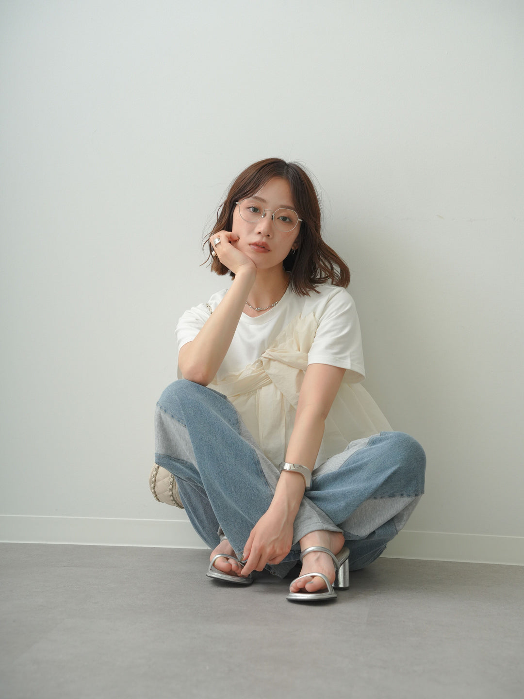 [SET]ナイロンドッキングツイストTEE +デニム切替スウェットパンツ(2set)